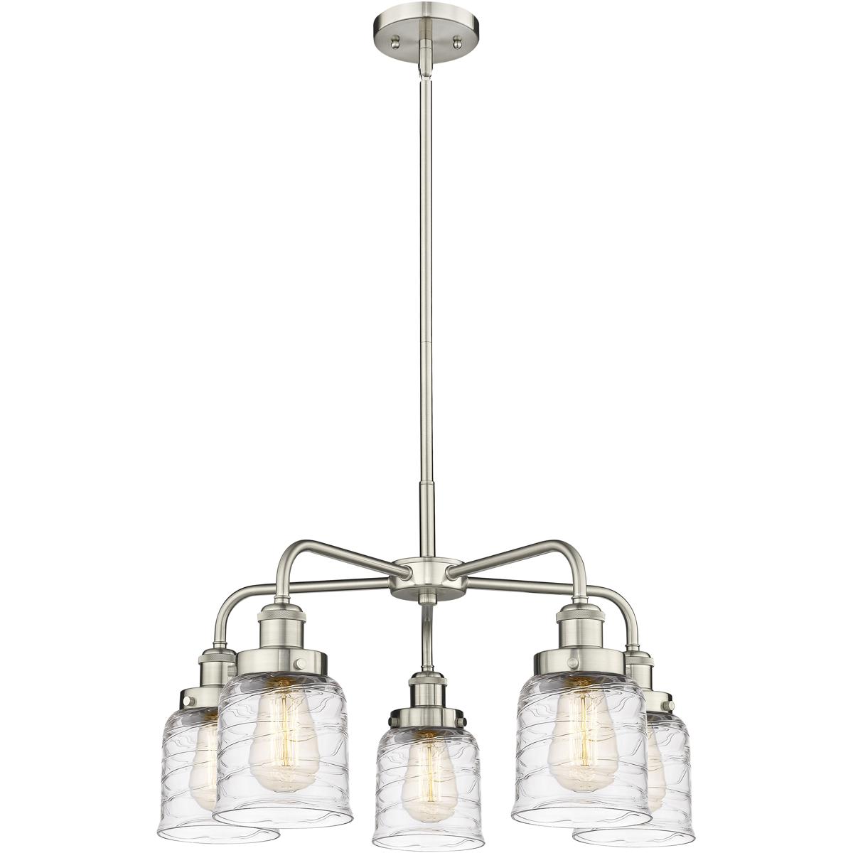 Innovations Lighting 916-5CR-SN-G513 Bell 5 Light 23 inch Satin Nickel Chandelier Ceiling Light in Clear Deco Swirl Glass
