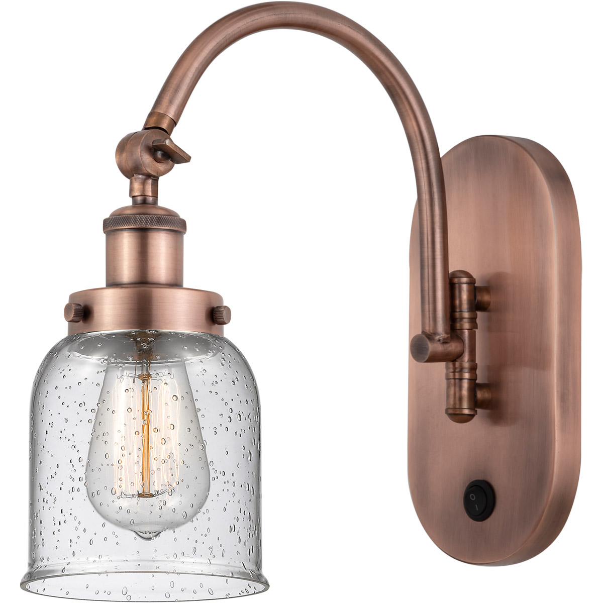 Innovations Lighting 918-1W-AC-G54-LED Franklin Restoration Bell LED 5 inch Antique Copper Sconce Wall Light in Seedy Glass