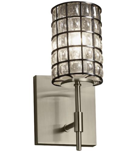 Justice Design WGL-8411-10-GRCB-NCKL Wire Glass 1 Light 5 inch Brushed Nickel Wall Sconce Wall Light in Grid with Clear Bubbles, Cylinder with Flat Rim, Incandescent, Cylinder