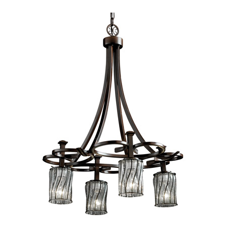 Justice Design WGL-8565-10-SWCB-DBRZ Wire Glass 4 Light 24 inch Dark Bronze Chandelier Ceiling Light in Swirl with Clear Bubbles, Cylinder with Flat Rim