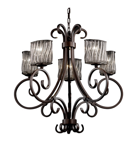 Justice Design WGL-8570-30-SWCB-DBRZ Wire Glass 5 Light Dark Bronze Chandelier Ceiling Light in Swirl with Clear Bubbles, Oval photo