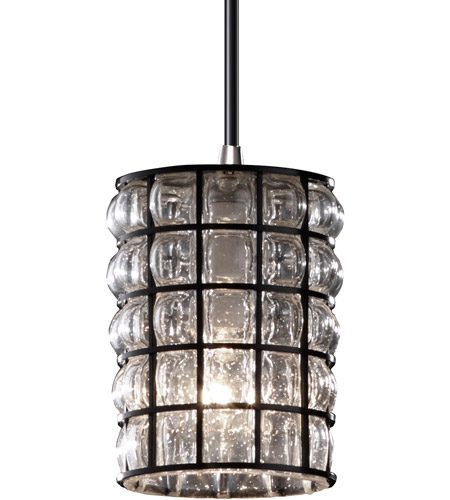 Justice Design WGL-8815-10-GRCB-ABRS-LED1-700 Wire Glass LED 4 inch Antique Brass Pendant Ceiling Light in 700 Lm LED, White Cord, Grid with Clear Bubbles