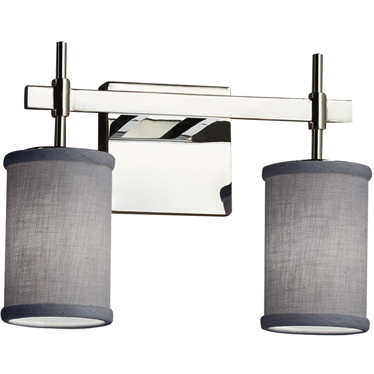 Justice Design FAB-8412-10-GRAY-CROM Textile 2 Light 13 inch Polished Chrome Bath Bar Wall Light in Cylinder with Flat Rim, Incandescent, Gray, Cylind