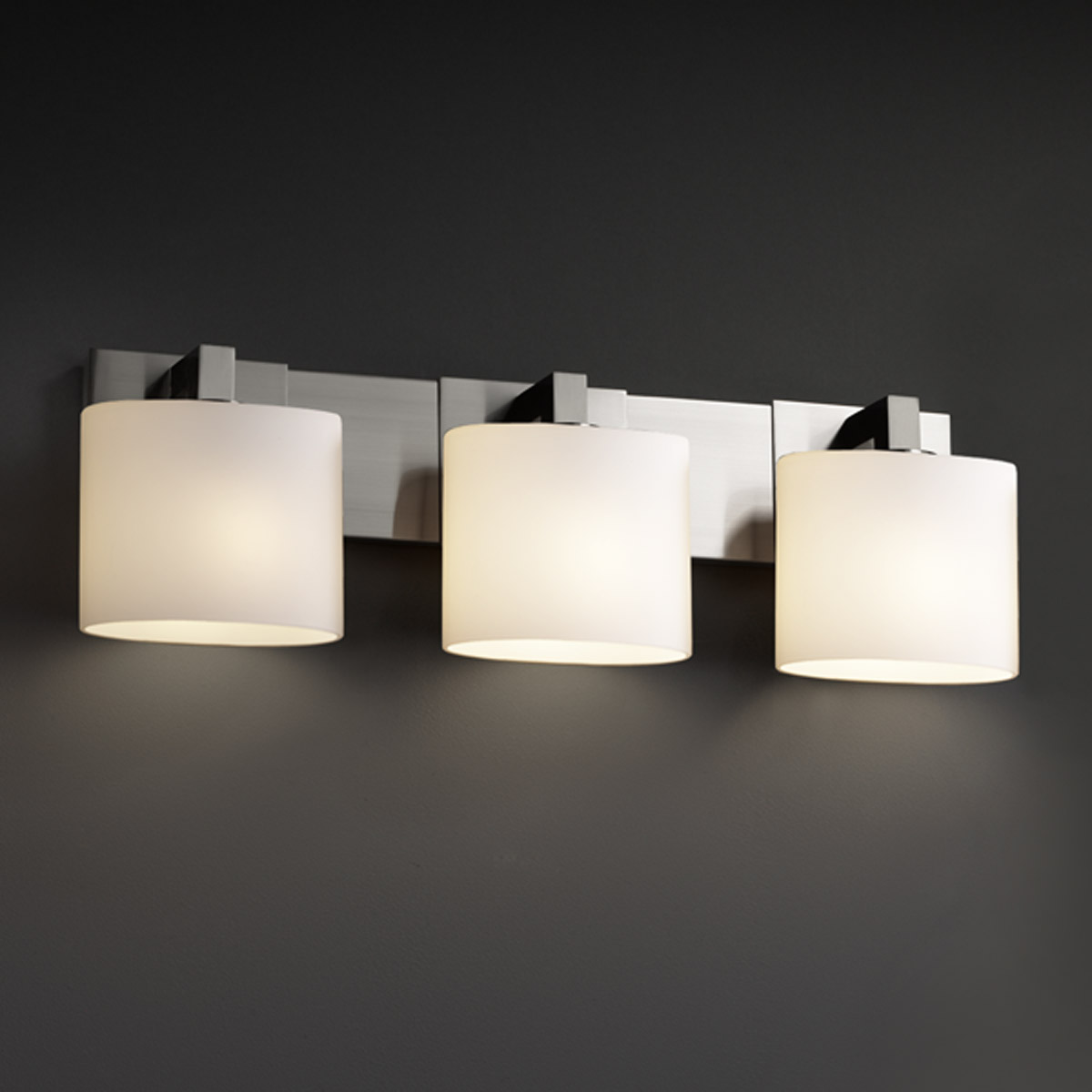 Justice Design FSN-8923-30-OPAL-NCKL Fusion 3 Light 28 inch Brushed Nickel Bath Bar Wall Light in Oval, Incandescent, Opal Fusion