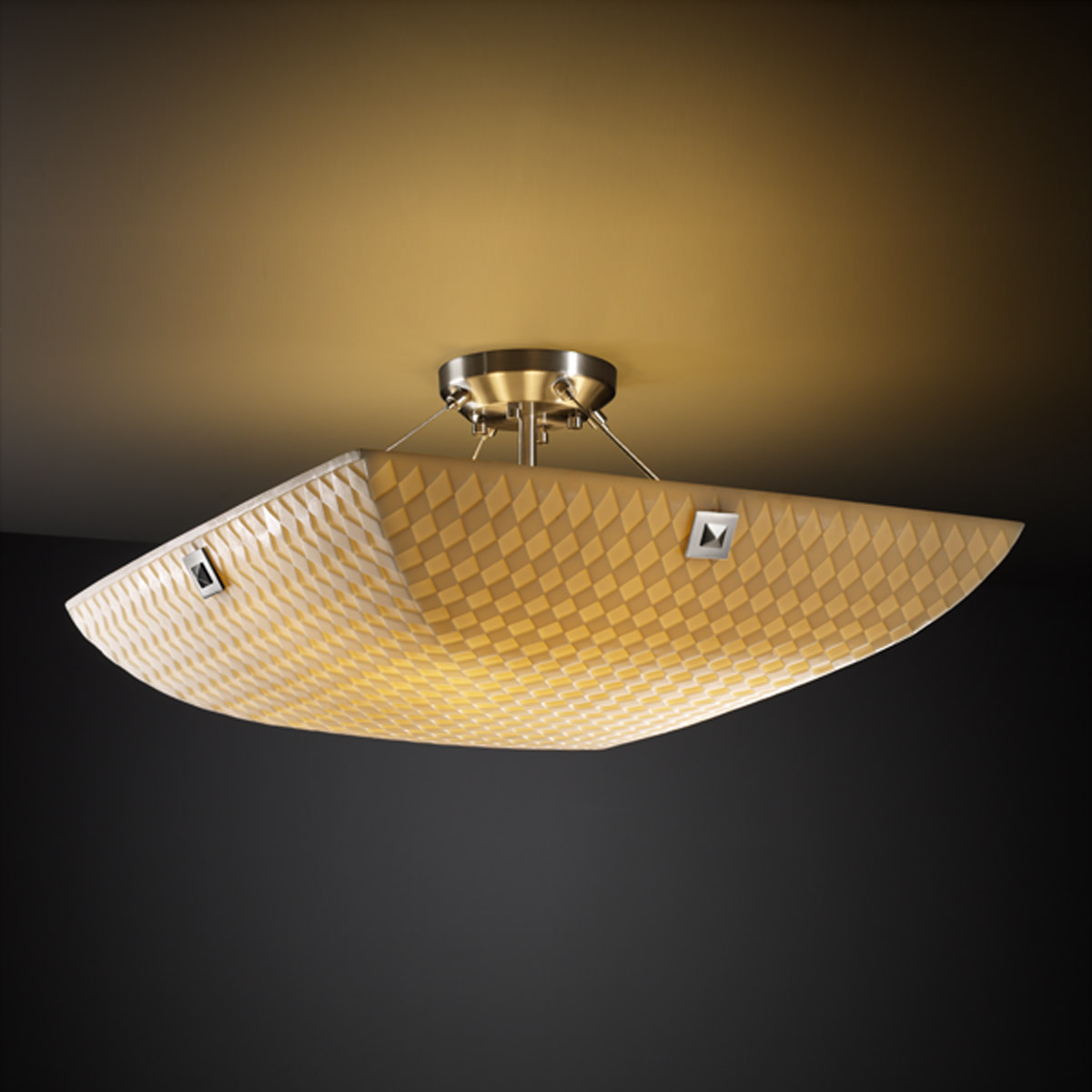 Justice Design PNA-9651-25-WAVE-MBLK-F3-LED3-3000 Porcelina 18 inch Semi-Flush Bowl Ceiling Light in 3000 Lm LED, Pair of Square with Points, Matte Bl