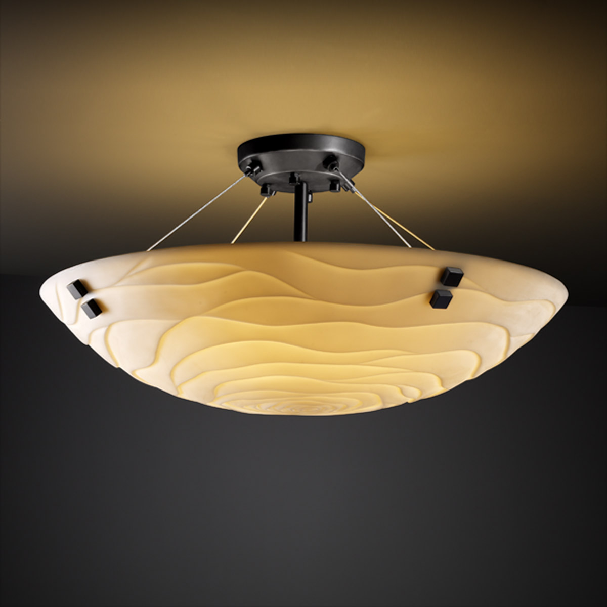 Justice Design PNA-9651-35-WAVE-MBLK-F2 Porcelina 3 Light 21 inch Matte Black Semi-Flush Bowl Ceiling Light in Pair of Squares, Waves, Round Bowl, Inc