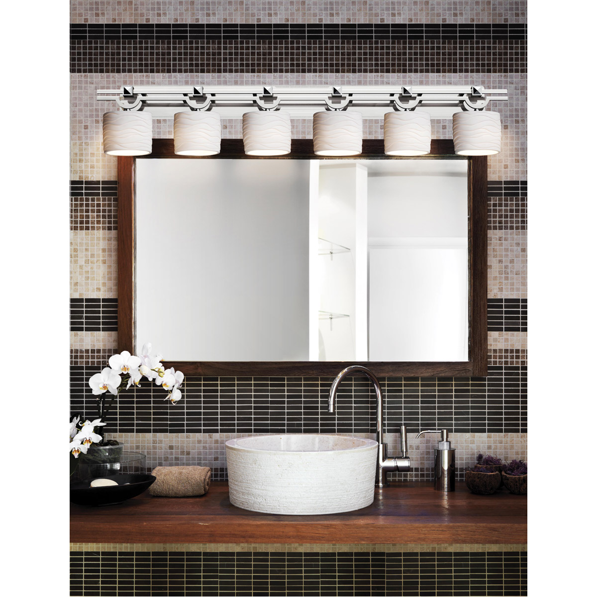 Justice Design POR-8506-30-WAVE-NCKL-LED6-4200 Limoges LED 59 inch Brushed Nickel Bath Bar Wall Light in 4200 Lm LED, Waves, Oval, Argyle