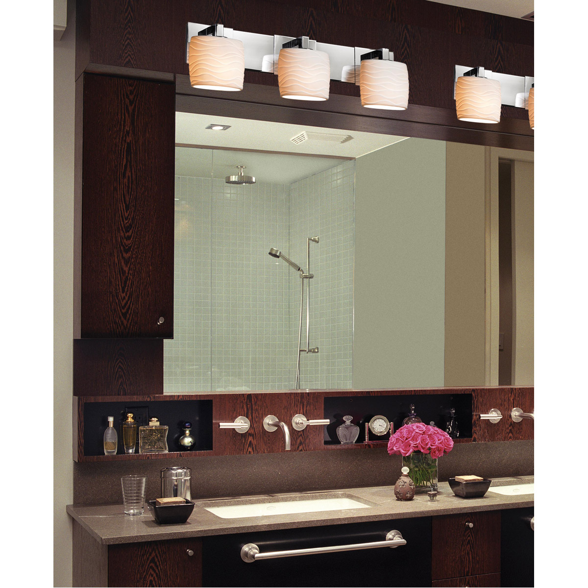 Justice Design POR-8923-10-SAWT-ABRS-LED3-2100 Limoges LED 27 inch Antique Brass Bath Bar Wall Light in 2100 Lm LED, Sawtooth, Cylinder with Flat Rim,