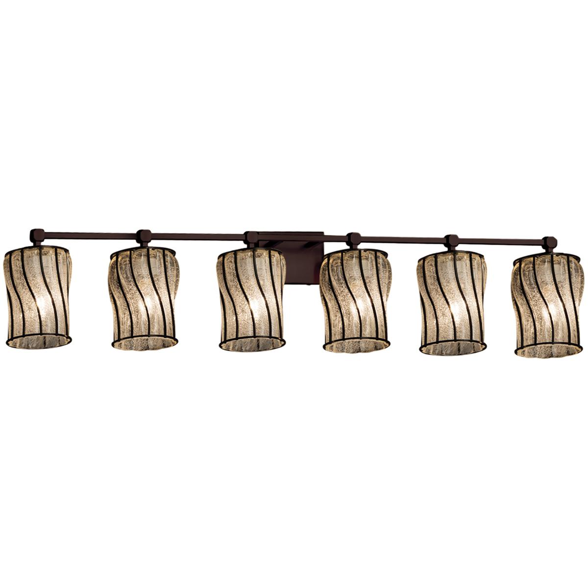 Justice Design WGL-8426-10-SWCB-DBRZ-LED6-4200 Wire Glass LED 49 inch Dark Bronze Bath Bar Wall Light in 4200 Lm LED, Swirl with Clear Bubbles, Cylind