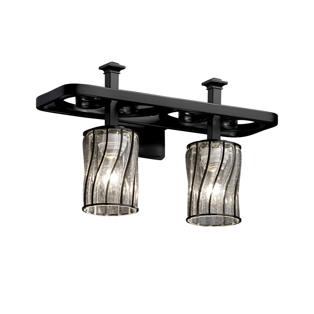 Justice Design WGL-8562-10-SWCB-MBLK Wire Glass 2 Light 18 inch Matte Black Bath Bar Wall Light in Swirl with Clear Bubbles, Cylinder with Flat Rim