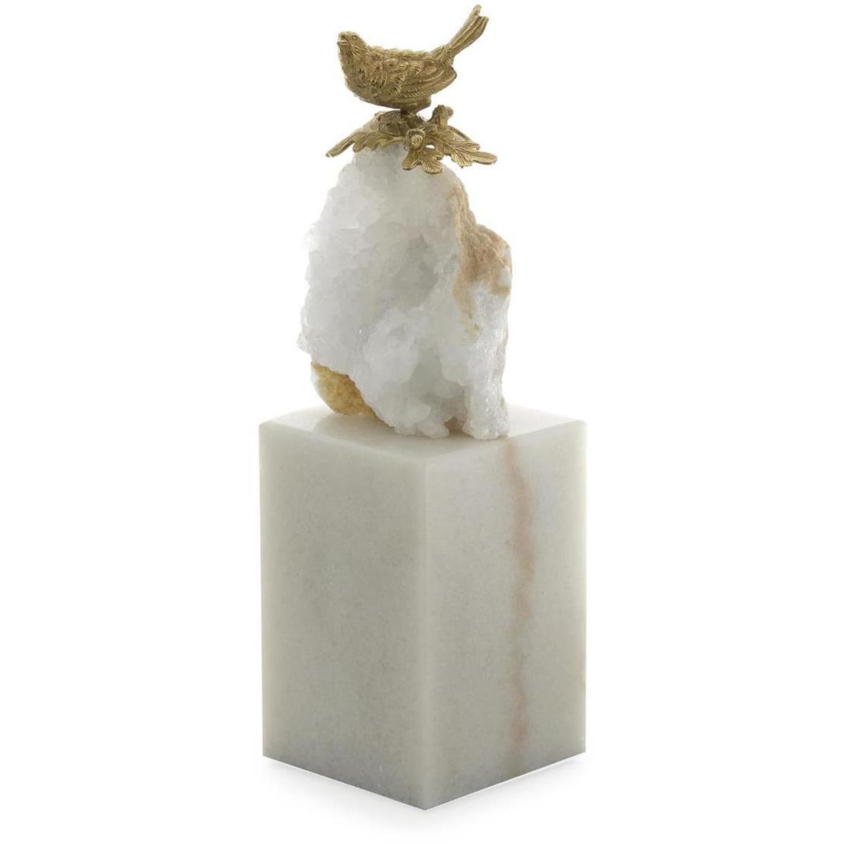 John-Richard JRA-16111 Brass Bird and Quartz 10 X 3 inch Sculpture, on Marble, Large