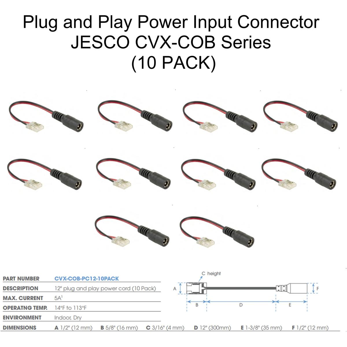 Jesco CVX-COB-PC12-10PACK CVX Power Input Connector Cord, Plug n Play
