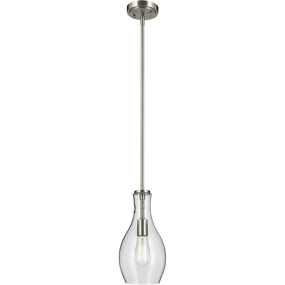Kichler 42456NI Everly 1 Light Brushed Nickel Pendant Ceiling Light in Clear