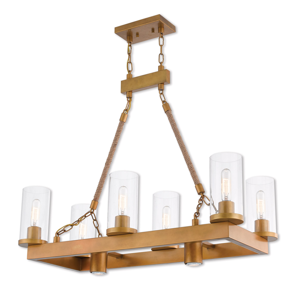 Livex Lighting 41066-26 Metuchen 8 Light 34 inch Aged Gold with Rope Rods Linear Chandelier Ceiling