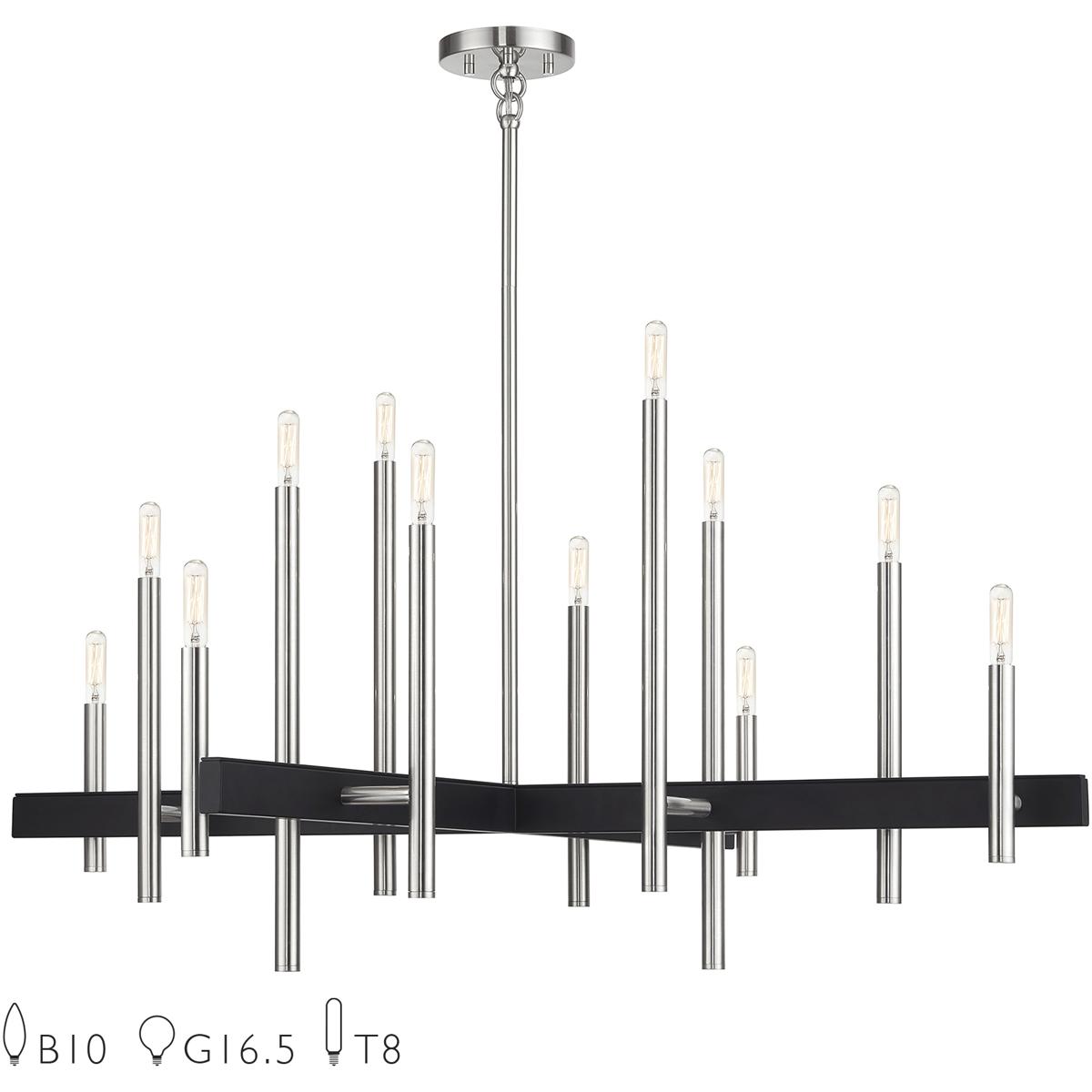 Livex Lighting 49349-91 Denmark 12 Light 42 inch Brushed Nickel with Black Accents Extra Large Linear Chandelier Ceiling Light