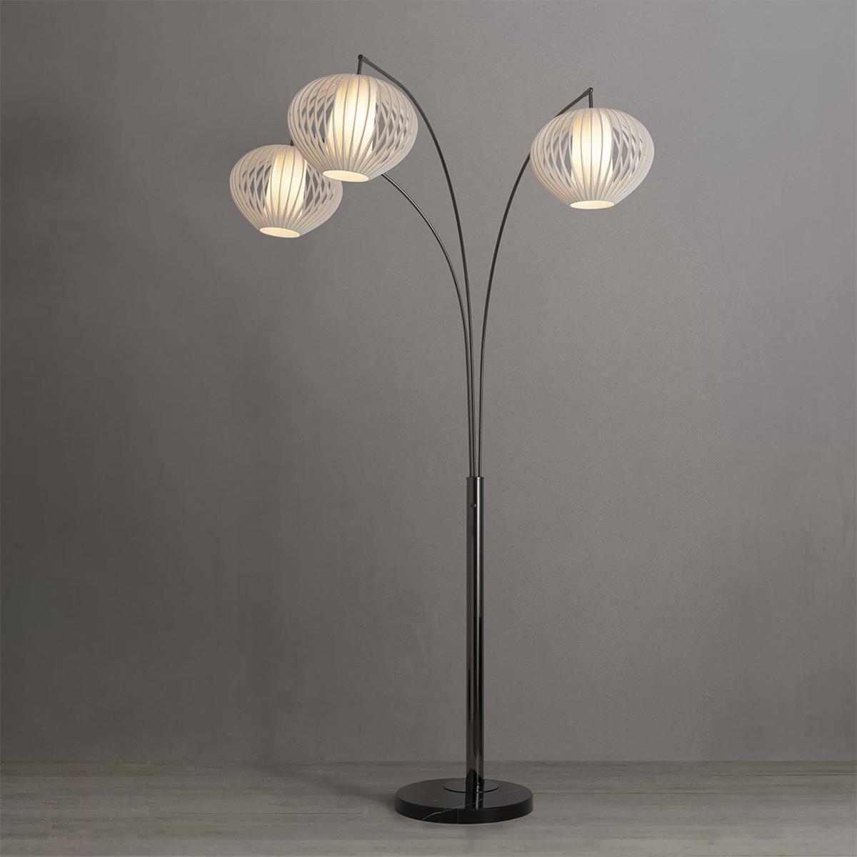 Nova Of California Bloom 3-Light Arc Floor Lamp - Nickel, Marble Base, Satin Shade, Dimmer - Black nickel