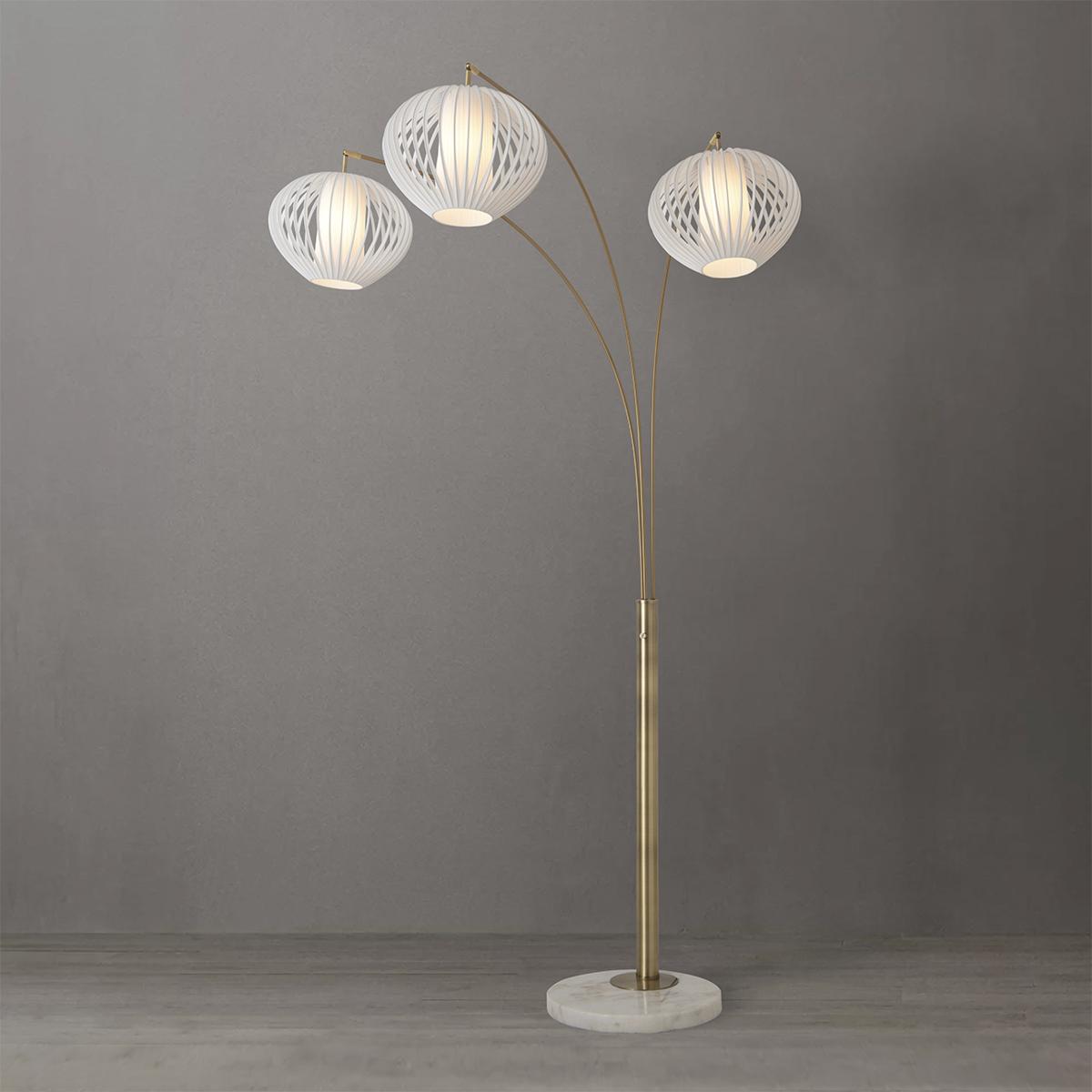 2310799WB Bloom 3-Light Arc Floor Lamp - Weathered Brass - White Marble Base - White Satin Shade - Dimmer Switch