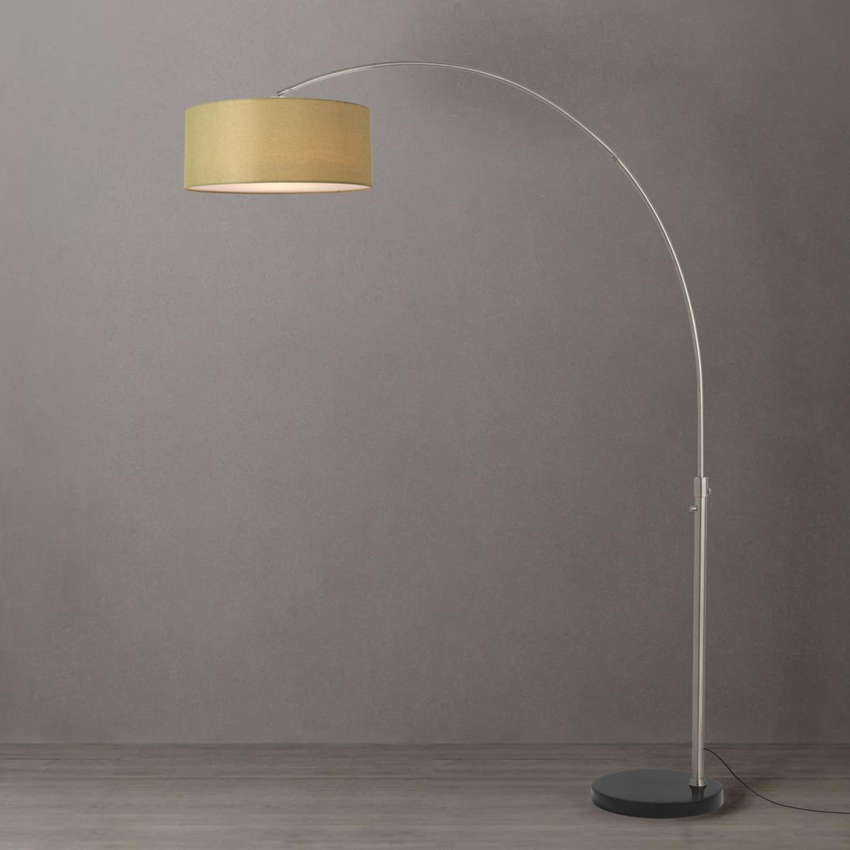 2110819AV 92 in. Float 1-Light Arc Lamp with Drum Avocado Linen Shade - Satin Nickel Steel Body - Black Marble Base - Column Stem Switch