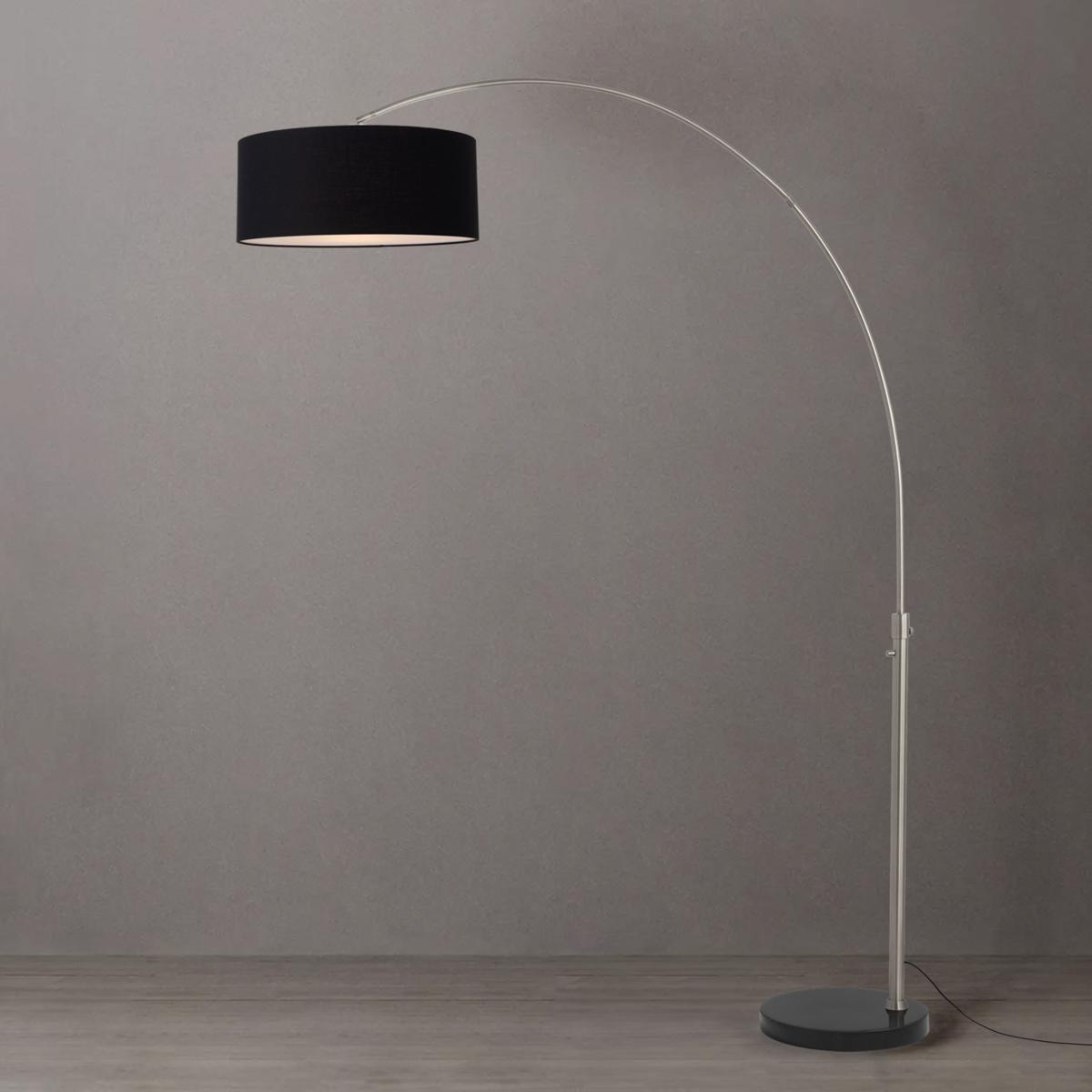 2110819BK 92 in. Float 1-Light Arc Lamp with Drum Black Linen Shade - Satin Nickel Steel Body - Black Marble Base - Column Stem Switch