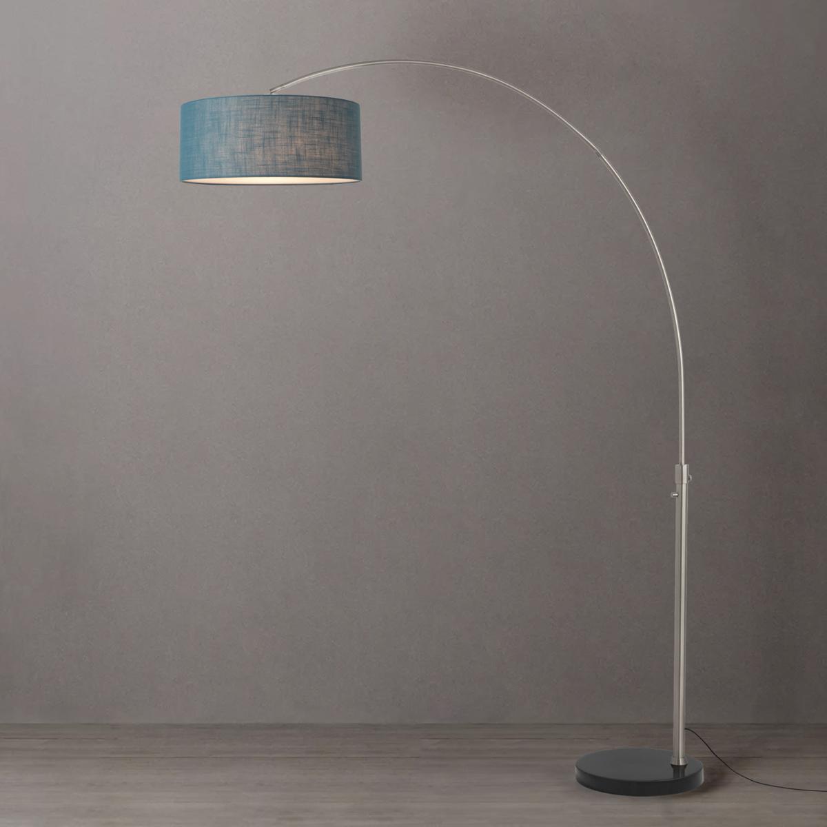 2110819BL 92 in. Float 1-Light Arc Lamp with Drum Pool Blue Linen Shade - Satin Nickel Steel Body - Black Marble Base - Column Stem Switch