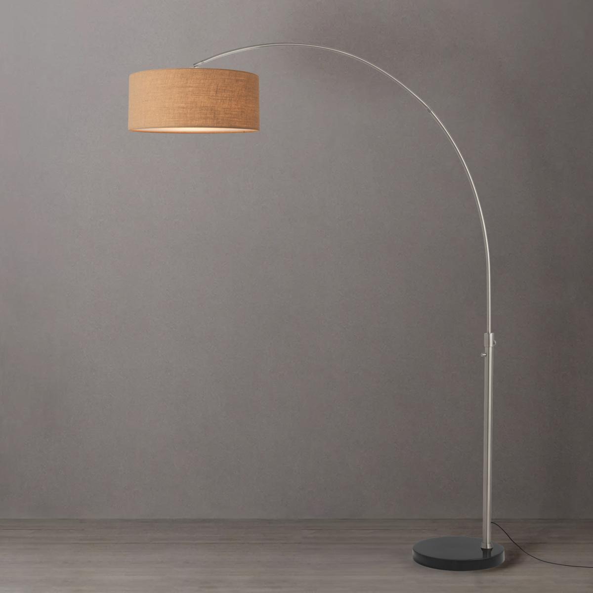 2110819BU 92 in. Float 1-Light Arc Lamp with Drum Natural Burlap Linen Shade - Satin Nickel Steel Body - Black Marble Base - Column Stem Switch