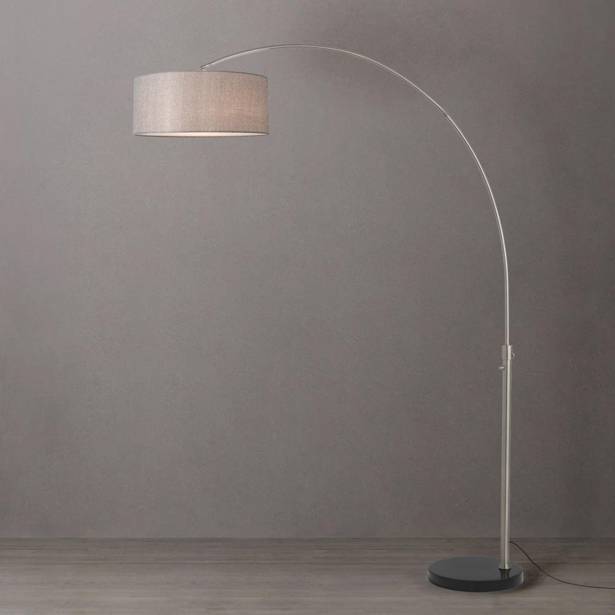 2110819CG 92 in. Float 1-Light Arc Lamp with Drum Cashmere Gray Linen Shade - Satin Nickel Steel Body - Black Marble Base - Column Stem Switch