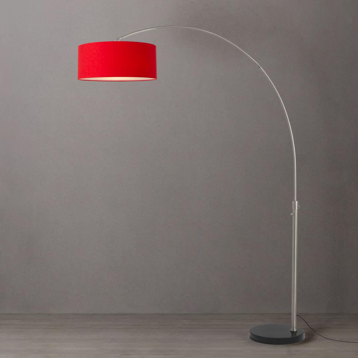 2110819CR 92 in. Float 1-Light Arc Lamp with Drum Crimson Red Linen Shade - Satin Nickel Steel Body - Black Marble Base - Column Stem Switch