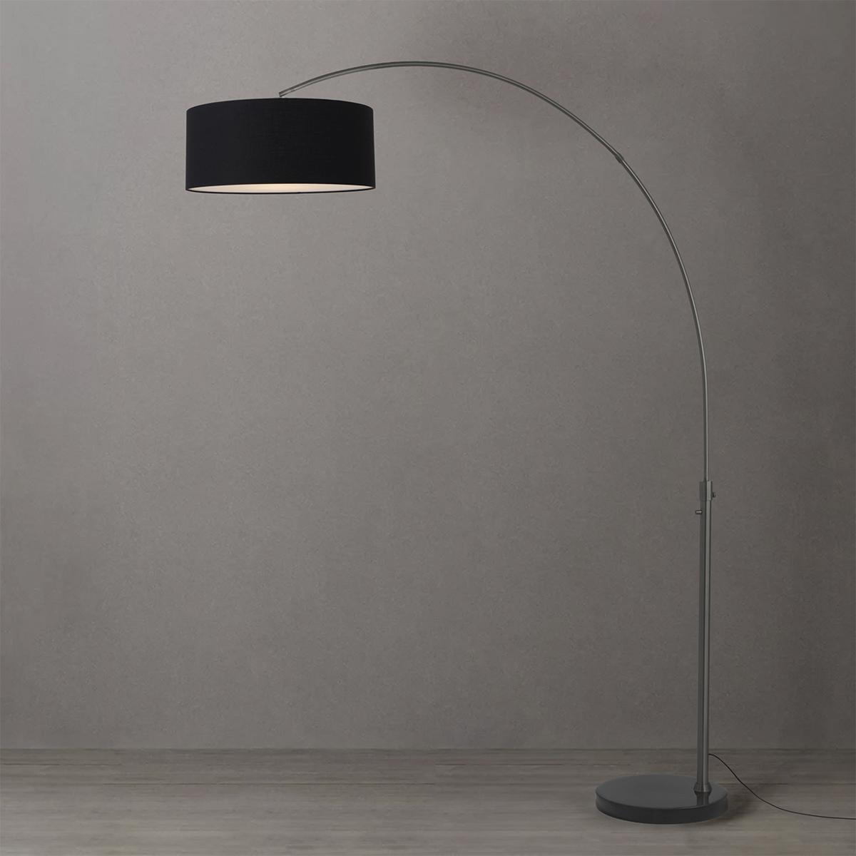 2110820BK 92 in. Float 1-Light Arc Lamp with Drum Black Linen Shade - Black Nickel Steel Body - Black Marble Base - Column Stem Switch