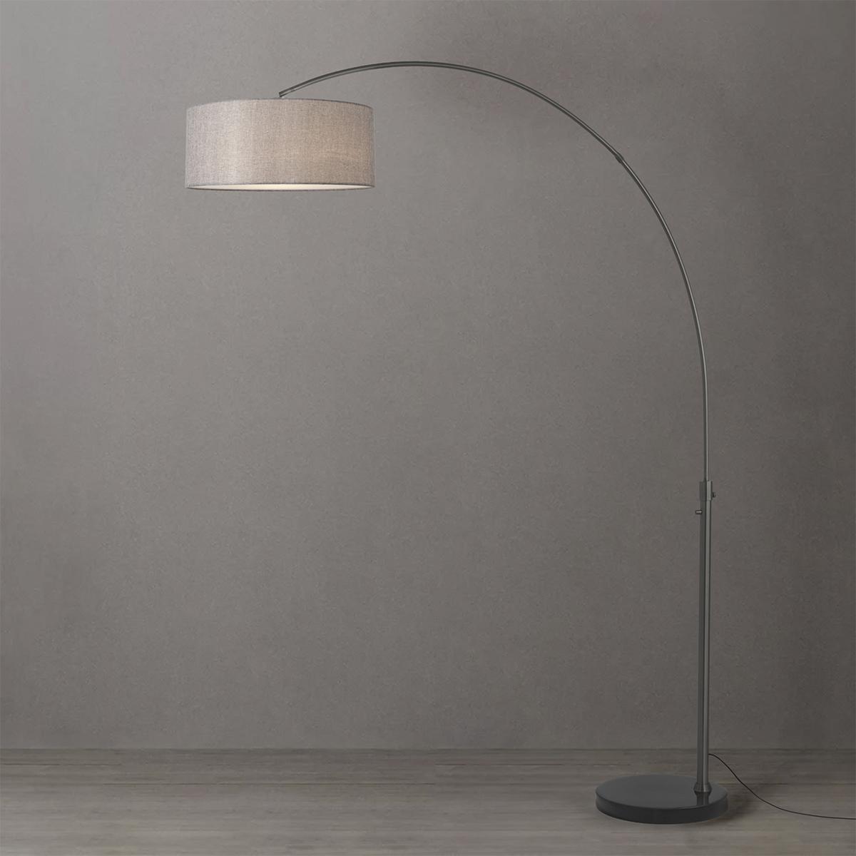 2110820CG 92 in. Float 1-Light Arc Lamp with Drum Cashmere Gray Linen Shade - Black Nickel Steel Body - Black Marble Base - Column Stem Switch