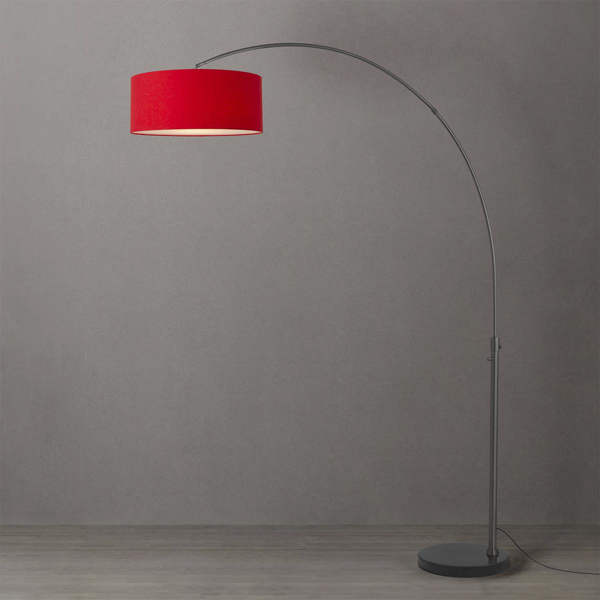 2110820CR 92 in. Float 1-Light Arc Lamp with Drum Crimson Red Linen Shade - Black Nickel Steel Body - Black Marble Base - Column Stem Switch