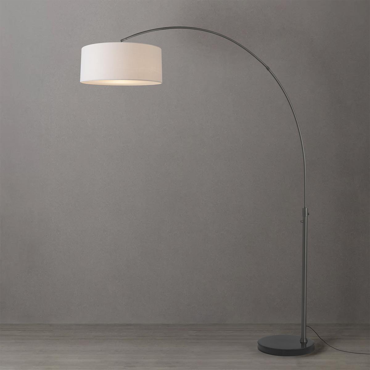 2110820WH 92 in. Float Stretch 1-Light Arc Lamp with Drum White Linen Shade - Black Nickel Steel Body - Black Marble Base - Column Stem Switch