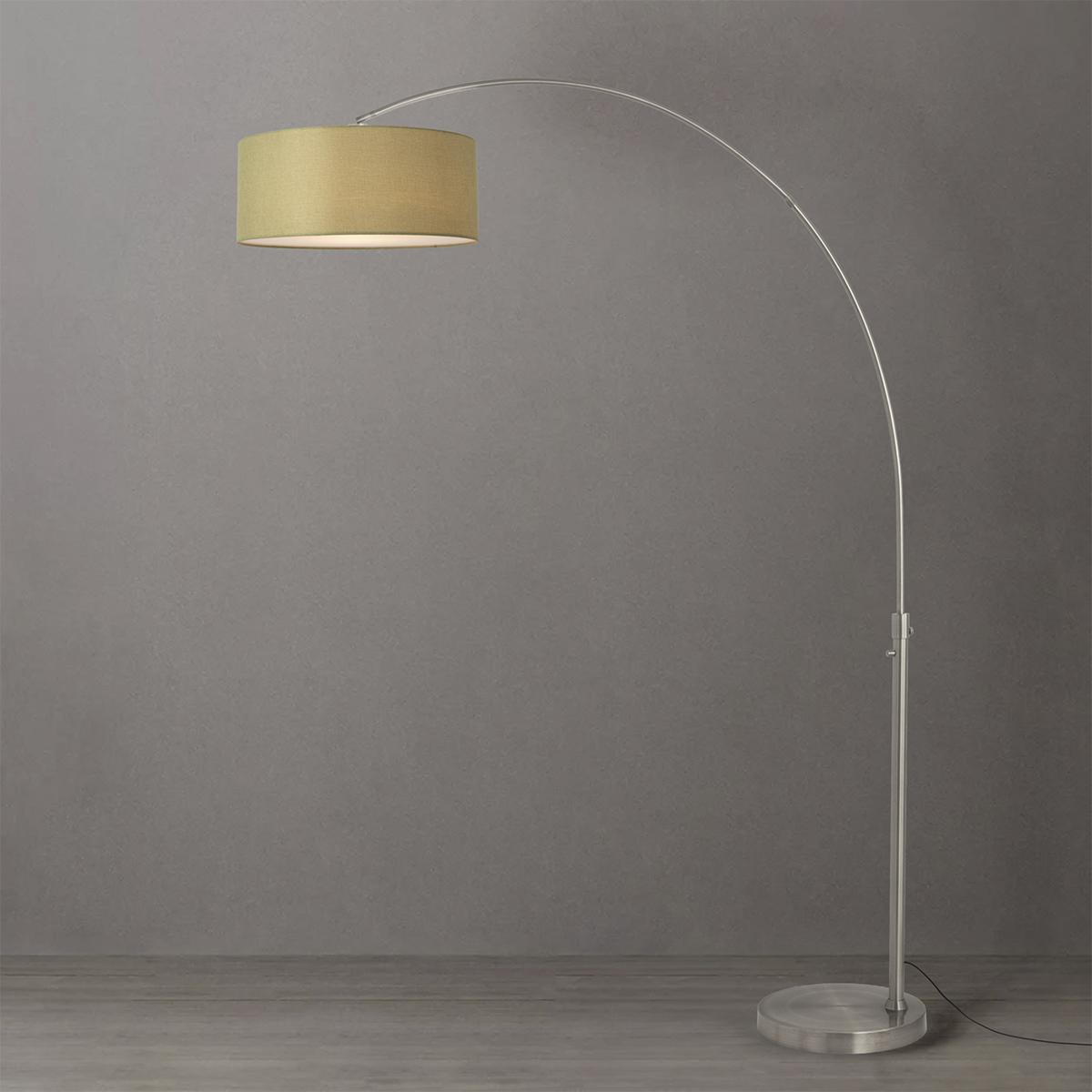 2110825AV 92 in. Float 1-Light Arc Lamp with Drum Avocado Linen Shade - Satin Nickel Steel Body & Base - Column Stem Switch