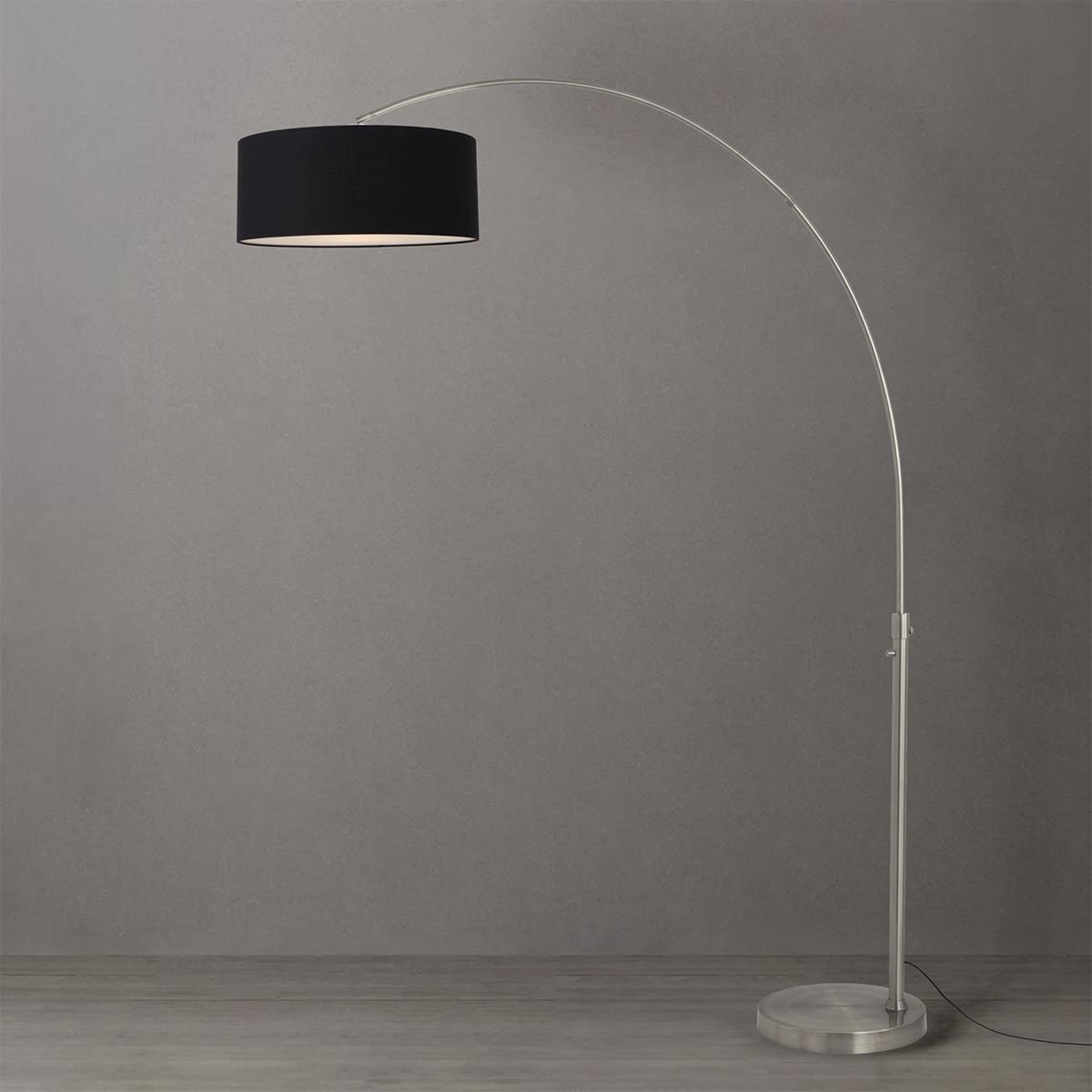 2110825BK 92 in. Float 1-Light Arc Lamp with Drum Black Linen Shade - Satin Nickel Steel Body & Base - Column Stem Switch
