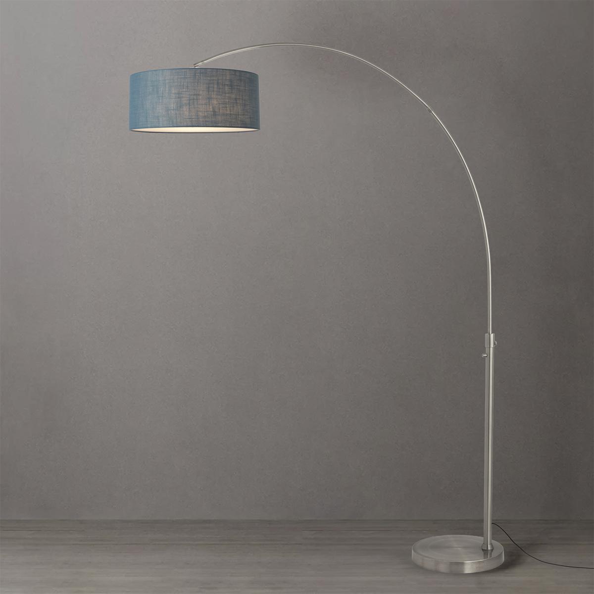 2110825BL 92 in. Float 1-Light Arc Lamp with Drum Pool Blue Linen Shade - Satin Nickel Steel Body & Base - Column Stem Switch