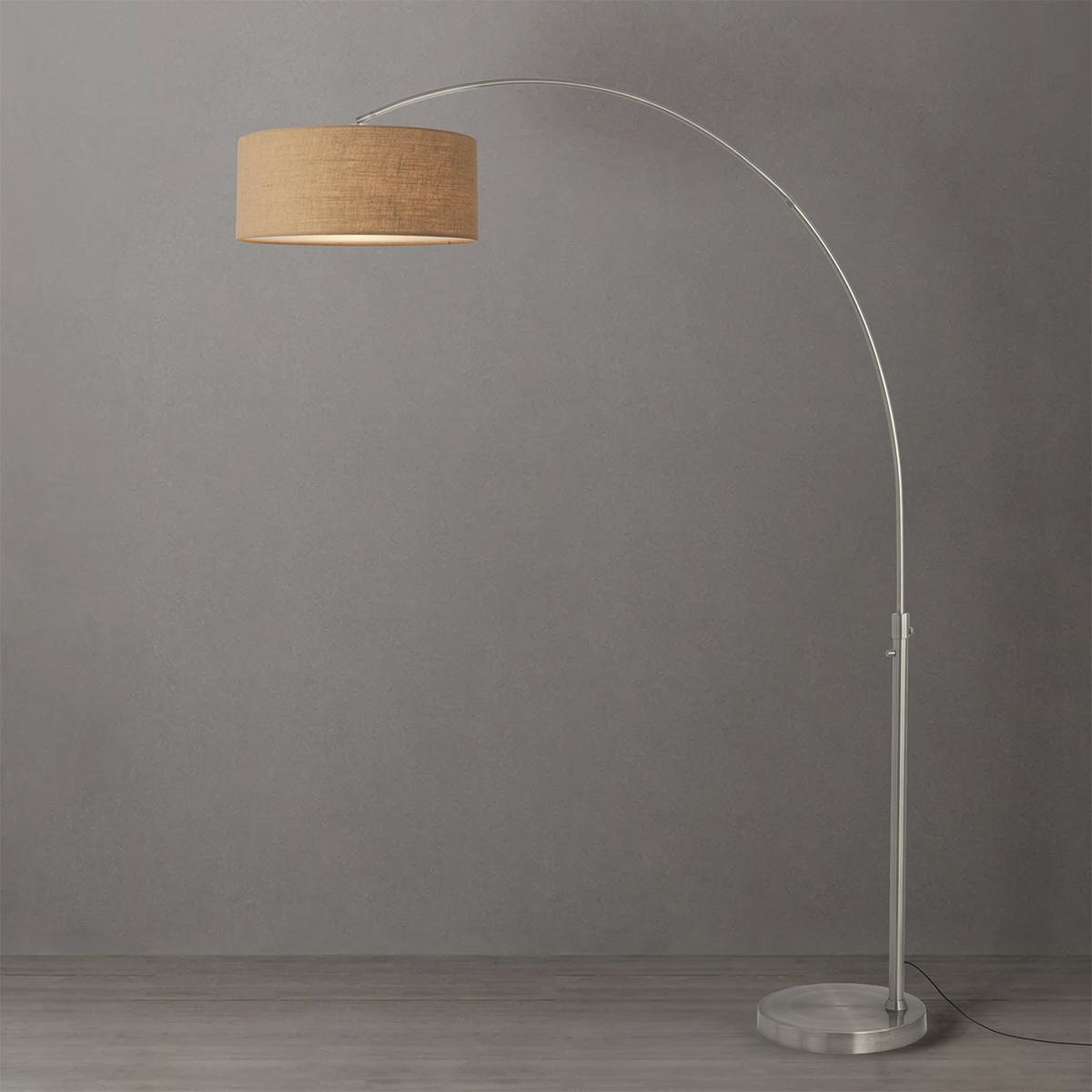 2110825BU 92 in. Float 1-Light Arc Lamp with Drum Natural Burlap Linen Shade - Satin Nickel Steel Body & Base - Column Stem Switch