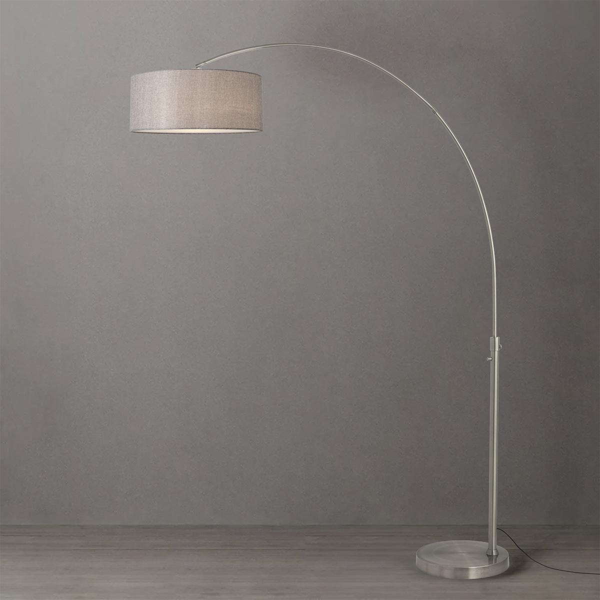 2110825CG 92 in. Float Stretch 1-Light Arc Lamp with Drum Cashmere Gray - Satin Nickel Steel Body & Base - Column Stem Switch