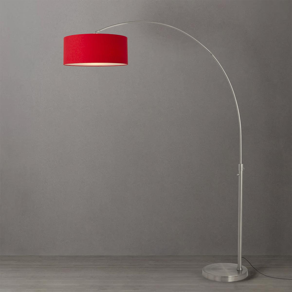 2110825CR 92 in. Float 1-Light Arc Lamp with Drum Crimson Red Linen Shade - Satin Nickel Steel Body & Base - Column Stem Switch
