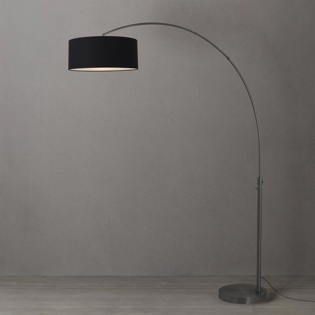2110826BK 92 in. Float 1-Light Arc Lamp with Drum Black Linen Shade - Black Nickel Steel Body & Base - Column Stem Switch