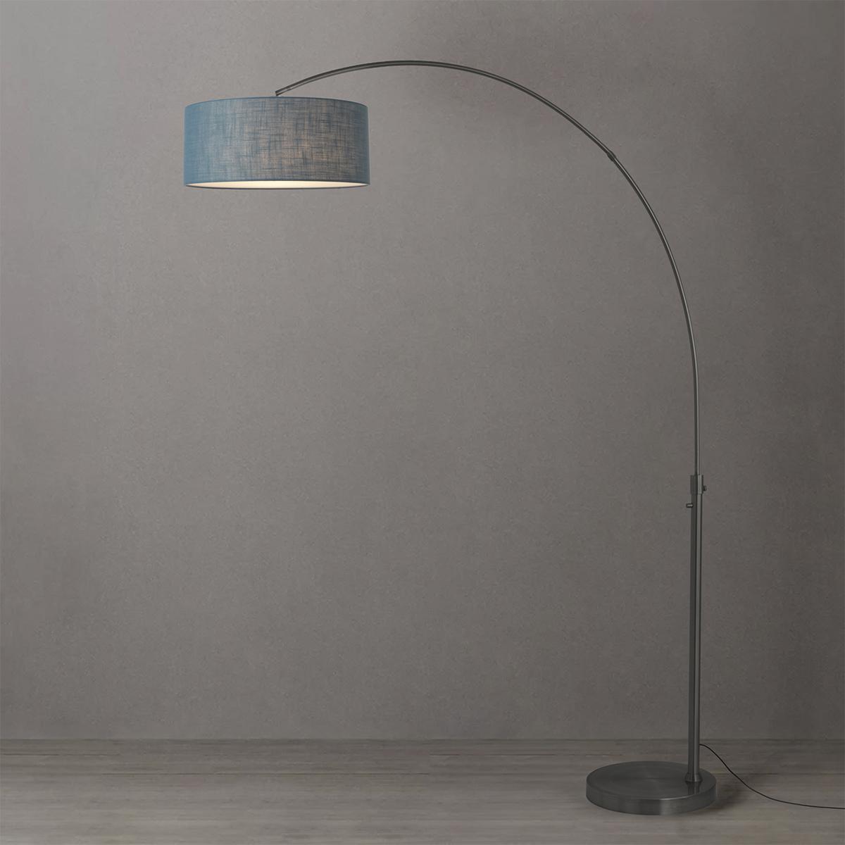 2110826BL 92 in. Float 1-Light Arc Lamp with Drum Pool Blue Linen Shade - Black Nickel Steel Body & Base - Column Stem Switch