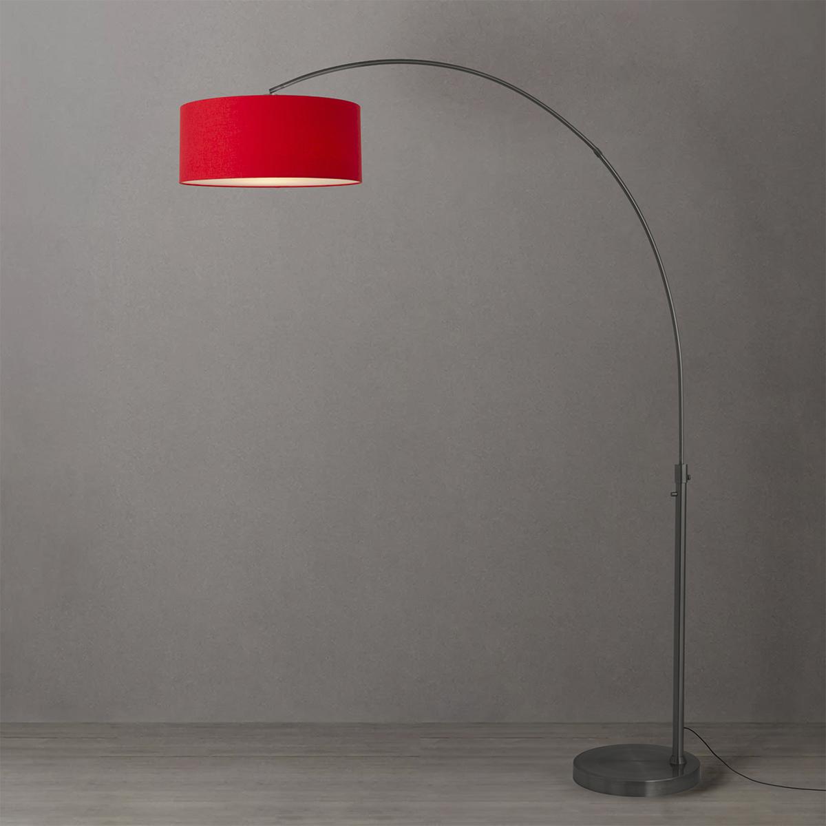 2110826CR 92 in. Float 1-Light Arc Lamp with Drum Crimson Red Linen Shade - Black Nickel Steel Body & Base - Column Stem Switch