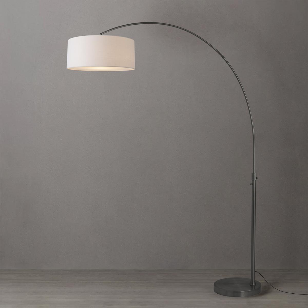 2110826WH 92 in. Float 1-Light Arc Lamp with Drum White Linen Shade - Black Nickel Steel Body & Base - Column Stem Switch