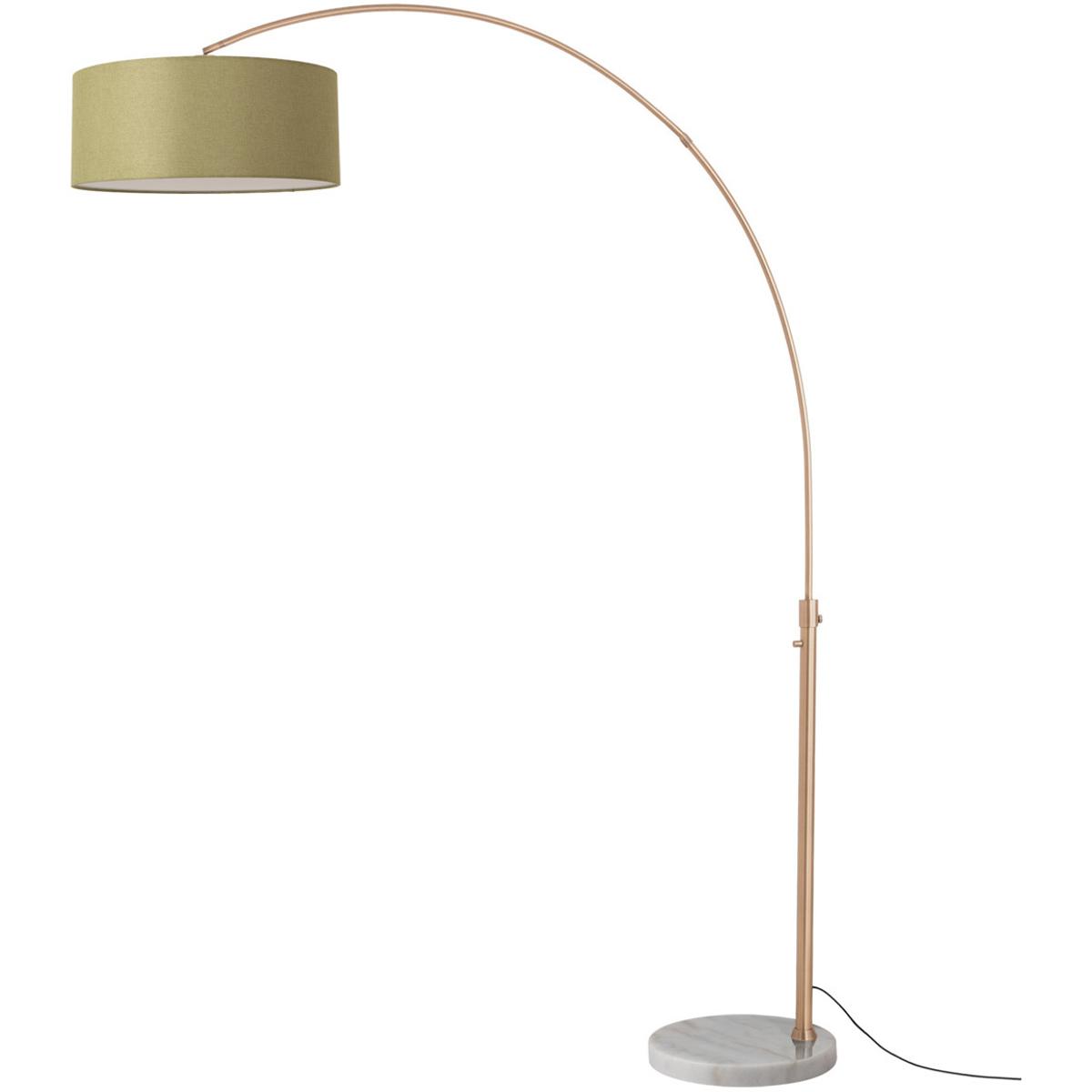 2110821AV 92 in. Float 1-Light Floor Arc Lamp - Drum Avocado Linen Shade - Weathered Brass Steel Body - White Marble Base - Column Stem Switch