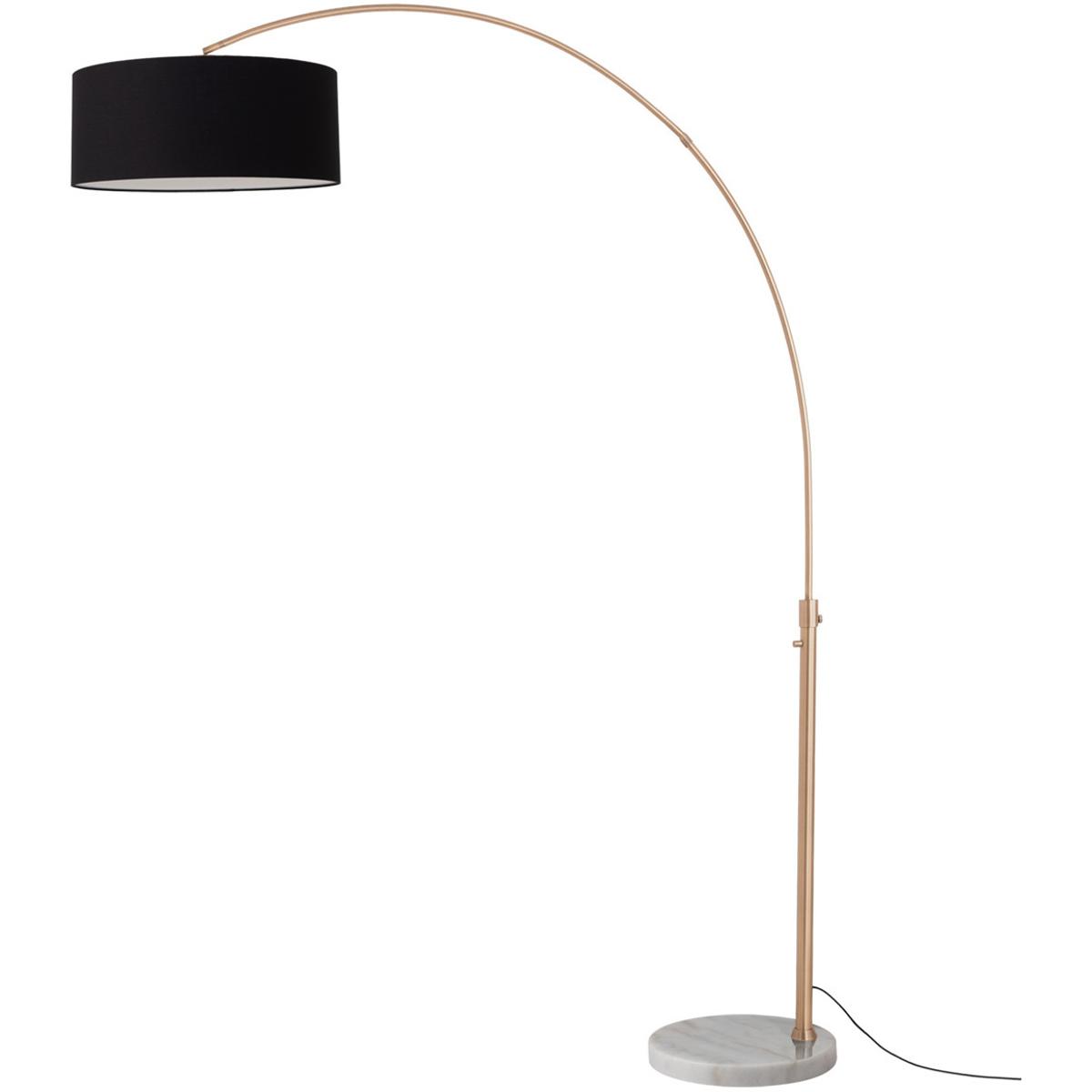 2110821BK 92 in. Float 1-Light Floor Arc Lamp - Drum Black Linen Shade - Weathered Brass Steel Body - White Marble Base - Column Stem Switch