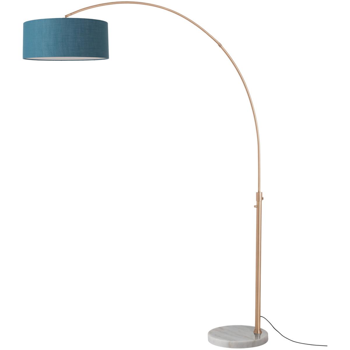 2110821BL 92 in. Float 1-Light Floor Arc Lamp - Drum Pool Blue Linen Shade - Weathered Brass Steel Body - White Marble Base - Column Stem Switch