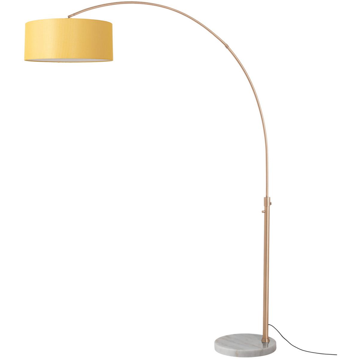 2110821MU 92 in. Float 1-Light Floor Arc Lamp - Drum Mustard Linen Shade - Weathered Brass Steel Body - White Marble Base - Column Stem Switch