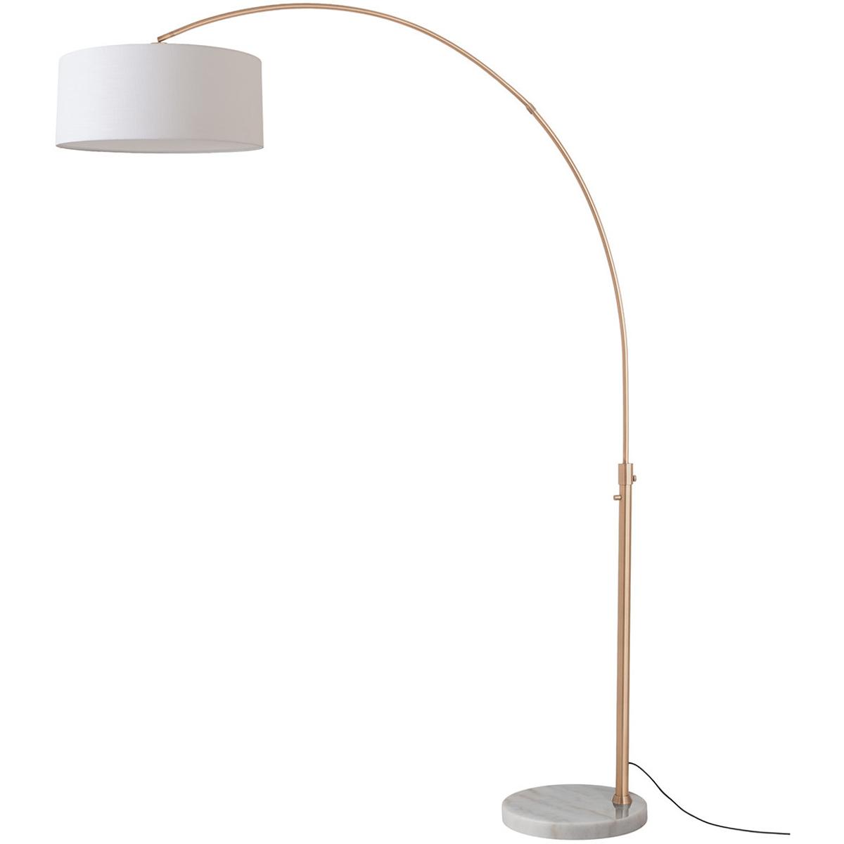 2110821WH 92 in. Float 1-Light Floor Arc Lamp - Drum White Linen Shade - Weathered Brass Steel Body - White Marble Base - Column Stem Switch