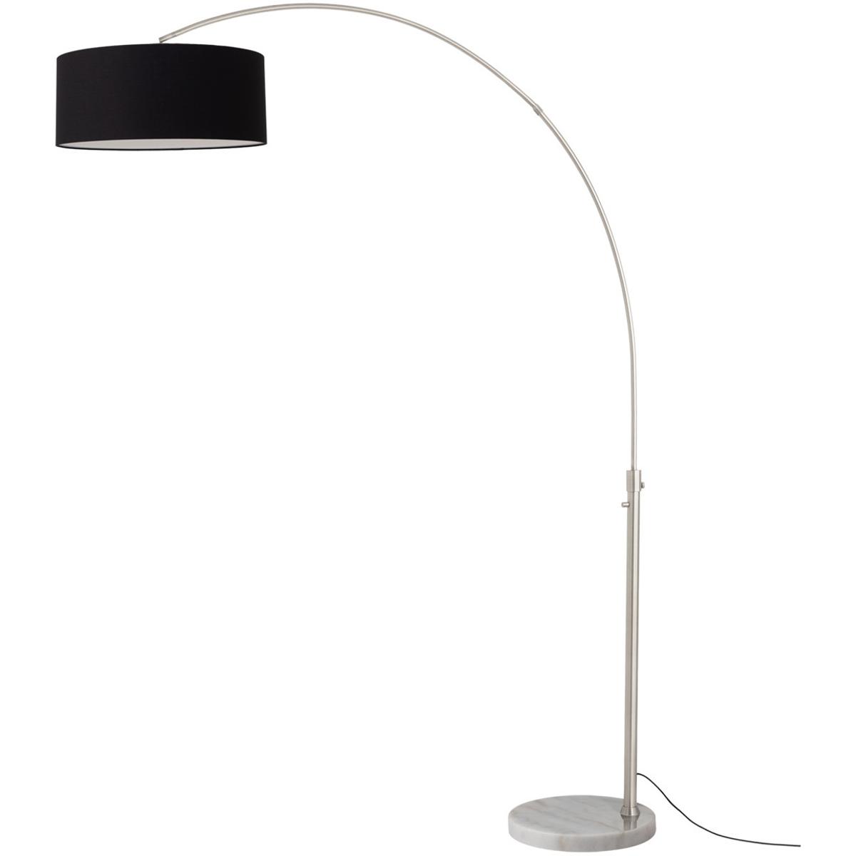 2110822BK 92 in. Float 1-Light Arc Lamp with Drum Black Linen Shade - Satin Nickel Steel Body - White Marble Base - Column Stem Switch