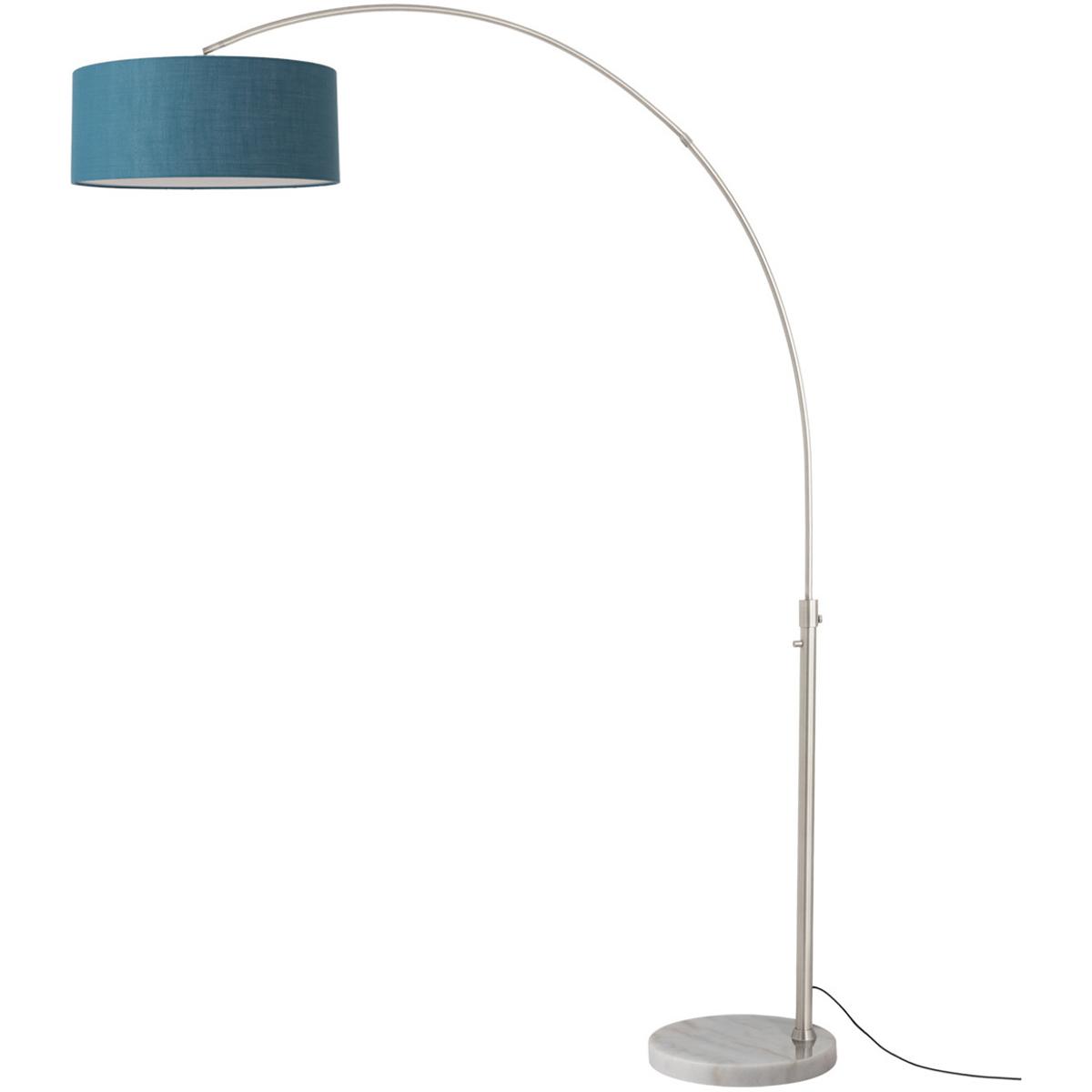 2110822BL 92 in. Float 1-Light Arc Lamp with Drum Pool Blue Linen Shade - Satin Nickel Steel Body - White Marble Base - Column Stem Switch