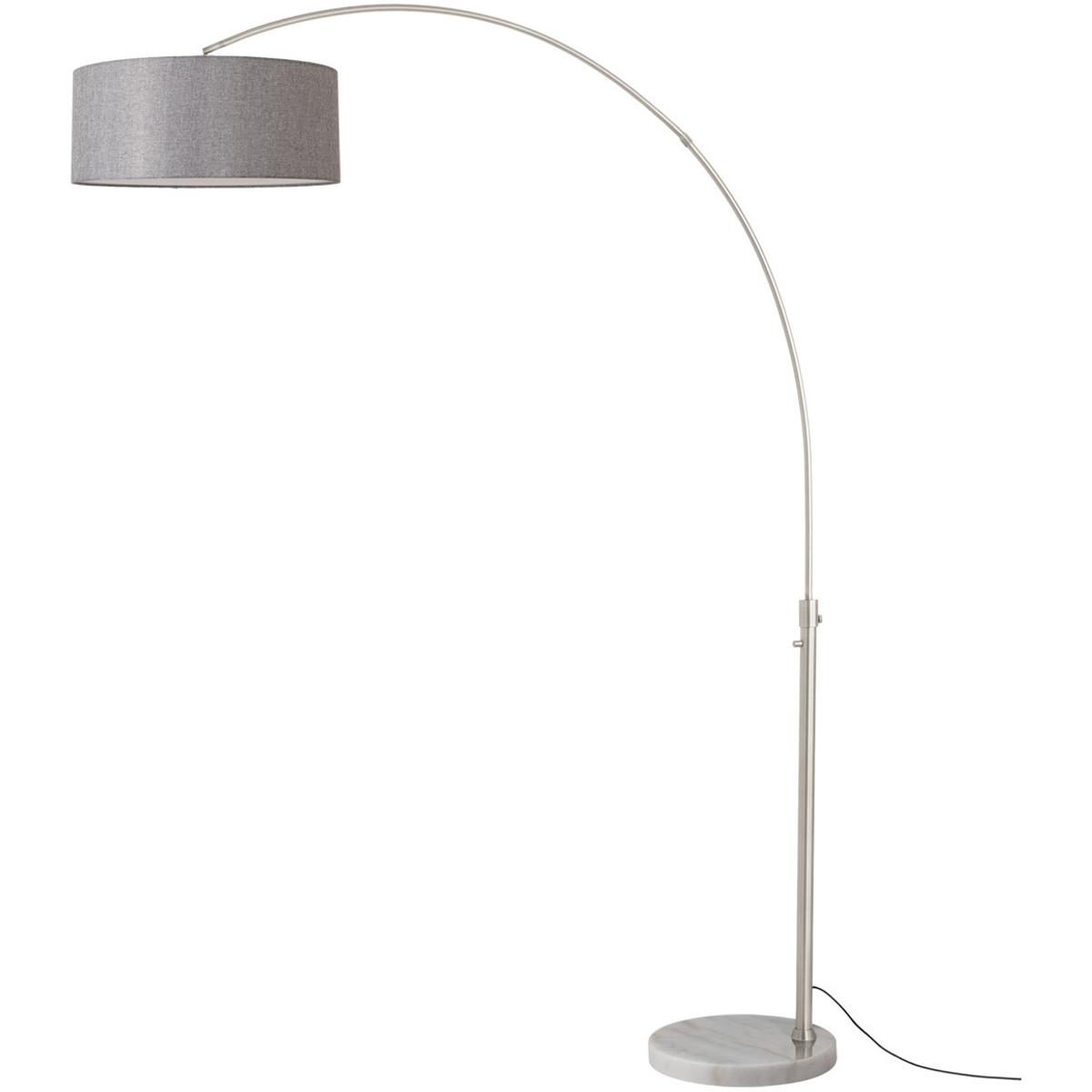 2110822CG 92 in. Float 1-Light Arc Lamp with Drum Cashmere Gray Linen Shade - Satin Nickel Steel Body - White Marble Base - Column Stem Switch