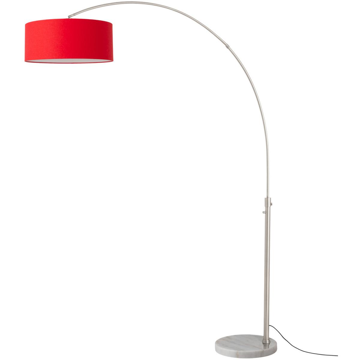 2110822CR 92 in. Float 1-Light Arc Lamp with Drum Crimson Red Linen Shade - Satin Nickel Steel Body - White Marble Base - Column Stem Switch
